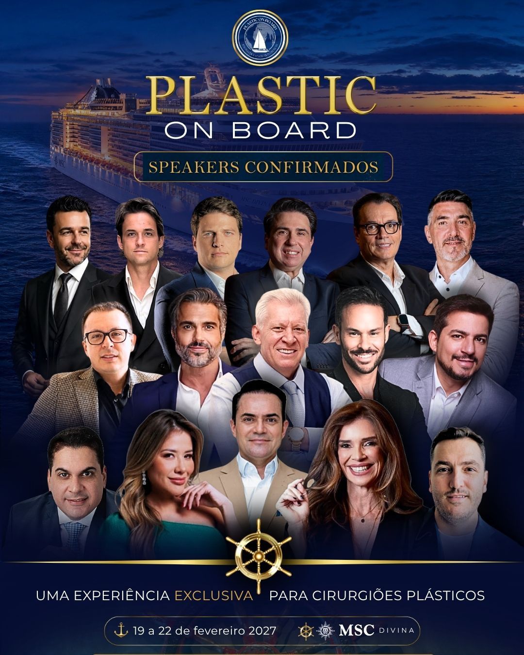 Plastic On Board 2027 — 19 a 22 de fevereiro, uma experiência exclusiva para cirurgiões plásticos, com os speakers confirmados a bordo do MSC Divina